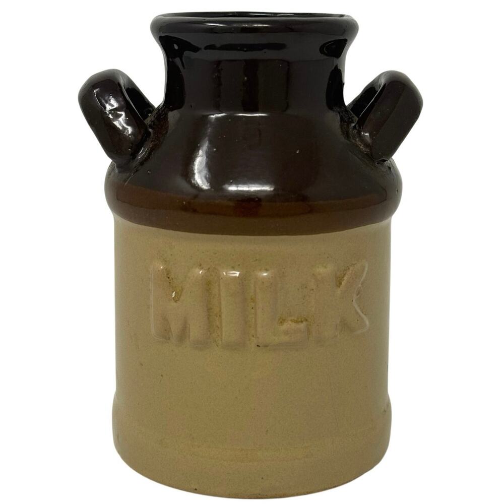 Vintage 70s Stoneware Milk Jug Brown Tan Glaze Rustic Farmhouse Decor